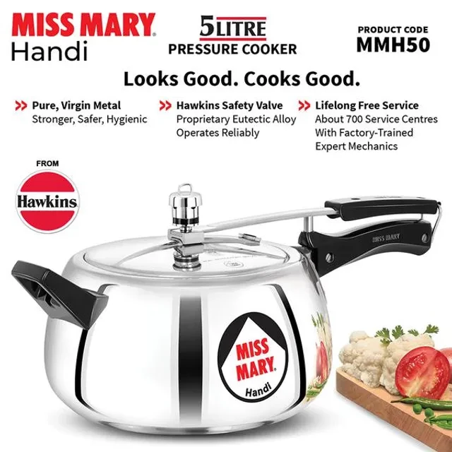 Hawkins Miss Mary Aluminium Inner Lid Handi Pressure Cooker - With Handle, Silver, MMH50, 5 l-3.webp